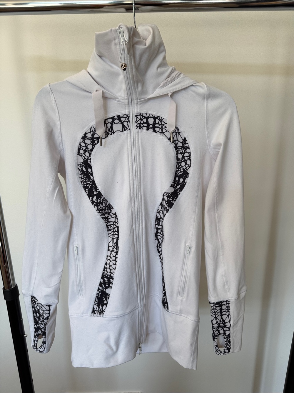 lululemon athletica White Full‑Zip Hoodie with Black Lace‑Print Accents